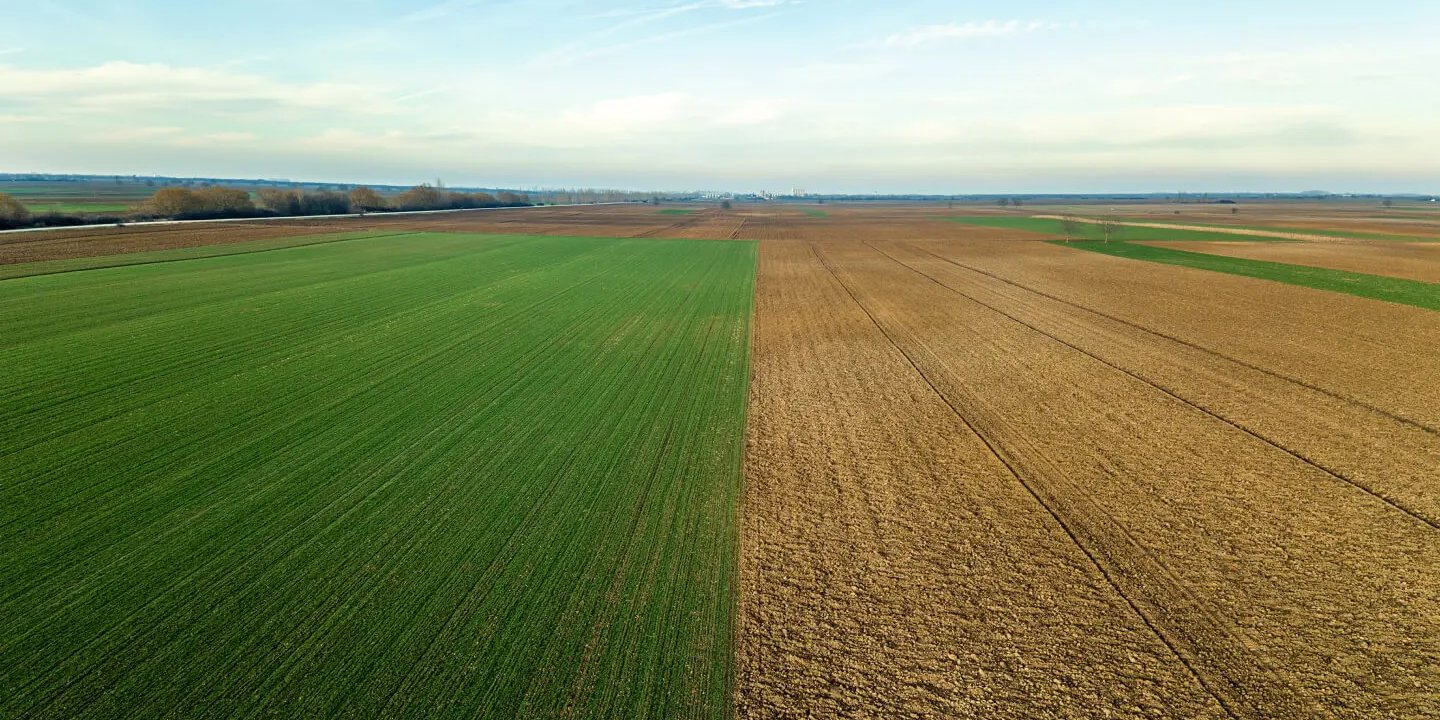 Vista aerea di appezzamenti nella pianura veneta, parte a coltura in atto e parte arata