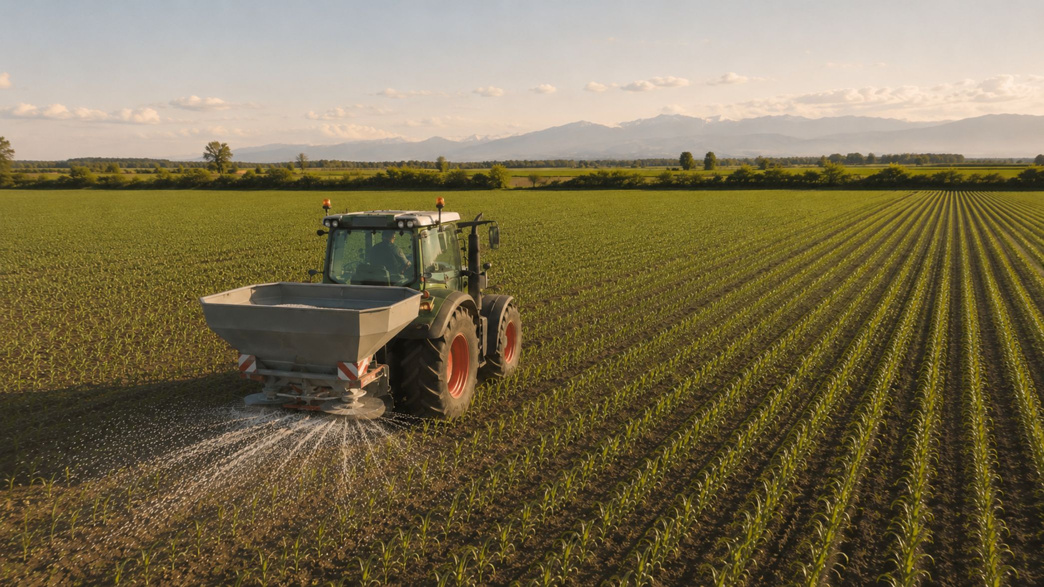 Trattore con spandiconcime centrifugo al lavoro in un campo di mais, distribuzione a rateo variabile già in azienda